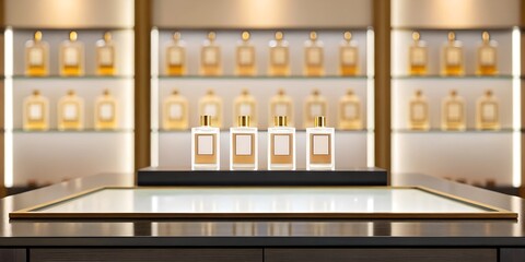 A premium tabletop with a blurred high-end perfume boutique interior, featuring luxurious perfume bottles on glass shelves. Perfect for branding and advertising.