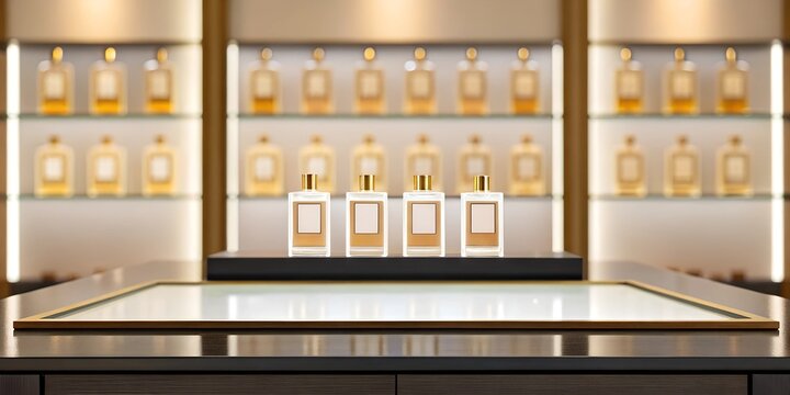 A premium tabletop with a blurred high-end perfume boutique interior, featuring luxurious perfume bottles on glass shelves. Perfect for branding and advertising.