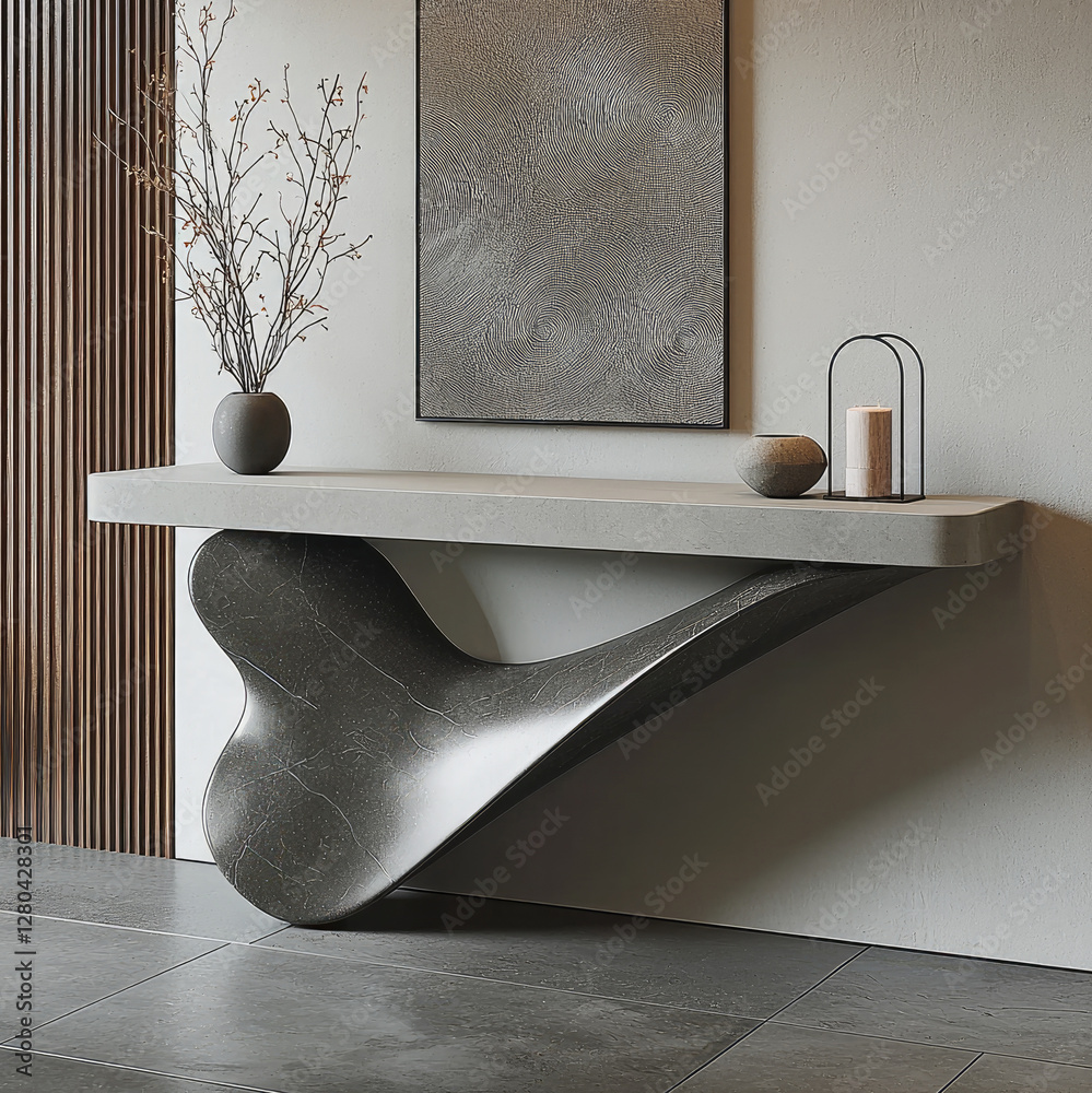 Aufkleber a minimalist interior. in the center of the composition is a light wall with a designer console tabl