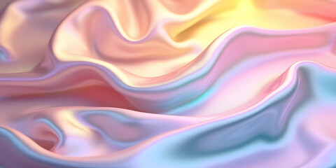 Fototapeta premium Elegant silky fabric with a mesmerizing opalescent finish, reflecting pastel and neon hues with a soft, flowing motion and delicate shimmering highlights.