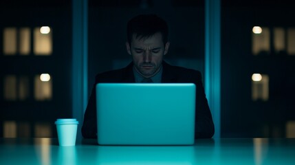 Man working late at night on a laptop with a coffee cup nearby, illuminated by screen light.