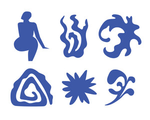 Summer botanical set with abstract floral design elements. Tropical Silhouettes of Birds, flowers, plants and woman figure enjoying sunset on nature. Abstract shapes leaves flat art. Isolated. Vector