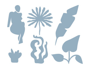 Summer botanical set with abstract floral design elements. Tropical Silhouettes of Birds, flowers, plants and woman figure enjoying sunset on nature. Abstract shapes leaves flat art. Isolated. Vector