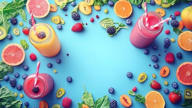 Healthy food assortment with leafy greens, fruits, and smoothies on a modern advertising background 
