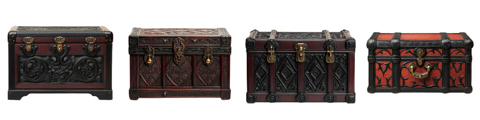 Collection of Ornate Antique and Vintage Leather and Wood Trunks Chests and Luggage Pieces for Travel Adventure and Home Decor