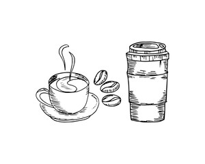 Coffee cup on saucer, beans, and coffee paper cup doodle cartoon vector drink.