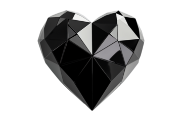 Geometric black heart with gold accents, angular patterns and smooth finish isolated on white transparent background. Concept of modern design and love
