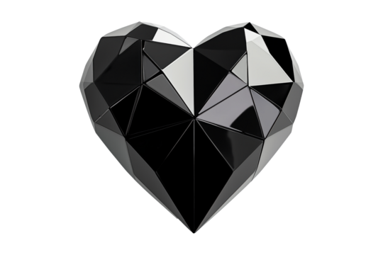 Geometric black heart with gold accents, angular patterns and smooth finish isolated on white transparent background. Concept of modern design and love