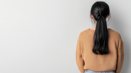 Naklejka premium Woman with long hair back view neutral background