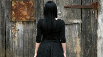 Fototapeta premium Woman with long black hair standing before rustic wooden door