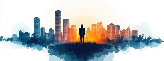 Fototapeta premium Business Success City Skyline Man Achievement Goal