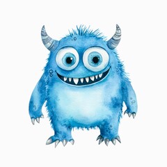 Watercolor illustration of a cute little blue monster isolated on white background.
