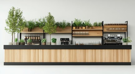 Fototapeta premium Creating a modern minimalist coffee shop interior in an urban setting with green elements for a fresh and inviting atmosphere