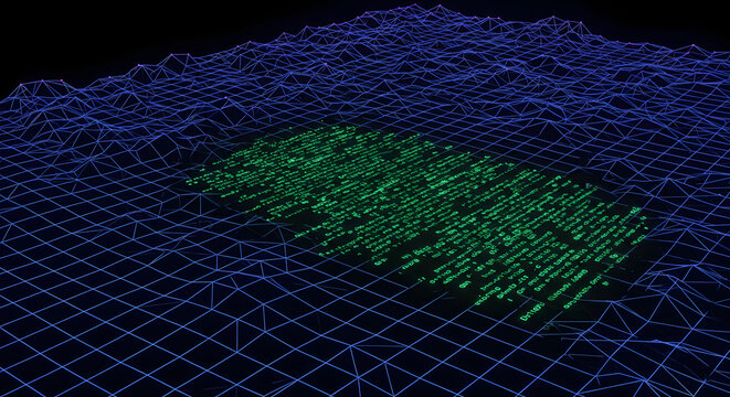 Cybernetic Landscape, Electric Green Data Matrix on Digital Terrain