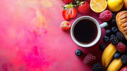 Coffee cup, pastries, and fruits on a bright and welcoming background for an advertising campaign 