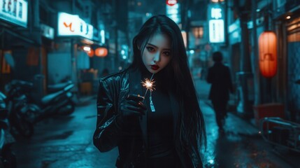 Fototapeta premium Woman in Leather Jacket Holding a Sparkler at Night