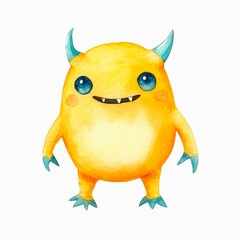 Watercolor illustration of a cute little yellow monster isolated on white background.