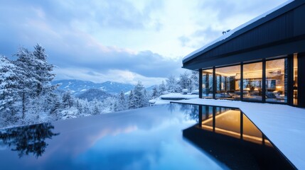 Fototapeta premium Modern Mountain Home Winter Infinity Pool Landscape