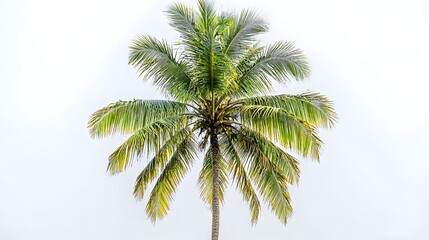 Obraz premium Gracefully extending coconut palm tree with its lush vibrant leaves against a pristine white backdrop creating a tranquil and serene natural environment