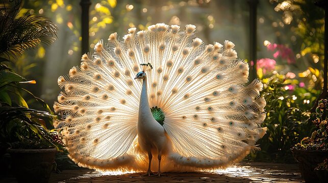 Rare white peacock displaying its full feathers in a natural outdoor setting