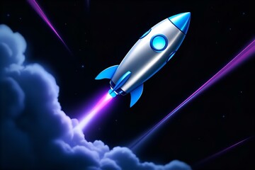 Cartoon Rocket Launching into Space: Shiny Silver Spaceship with Blue Accents & Purple Exhaust in Night Sky, Digital Art Illustration
