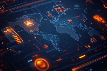 Global tracking system interface with world map, data, and alerts