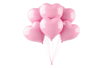 A cluster of shiny pink heart-shaped balloons floating against white transparent background, symbolizing love and celebration of Valentine Day