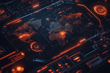 Global map on futuristic HUD, glowing interface