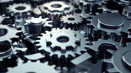 Close-up view of interlocking metallic gears creating a complex machinery background