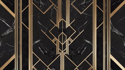 Gold and black wallpaper with elegant art deco decorative design on black marble background Background