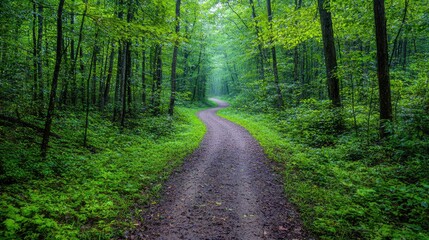 Fototapeta premium Winding forest road, lush green canopy, misty day, nature trail, travel photography