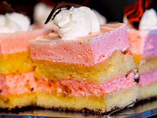 Close-up of vanilla cake with pink frosting cube slice