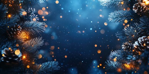 Fototapeta premium Serene Winter Scene with Evergreen Branches, Snowflakes, and Shimmering Lights for Cozy Holiday Atmosphere