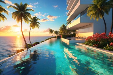 Fototapeta premium Pool with a view of the ocean and palm trees