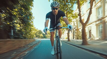 Naklejka premium A man cyclist wearing white sports gloves is riding a road bike.