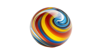 A close-up of a single glass marble, featuring vibrant swirling colors of red, blue, and yellow, isolated on a transparent background, highlighting its smooth, reflective surface.