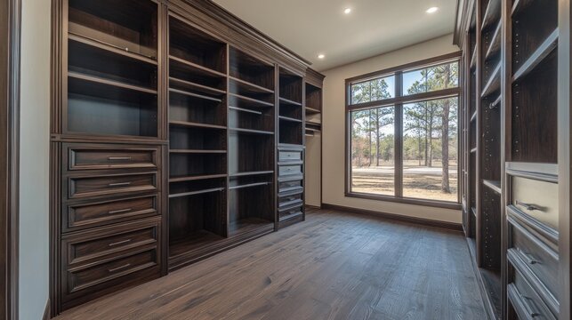Elegant walk-in closet with custom dark wood shelving and natural light
