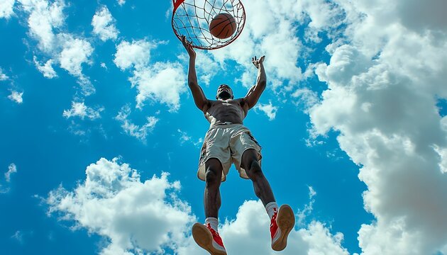 Man dunking basketball under sunny sky