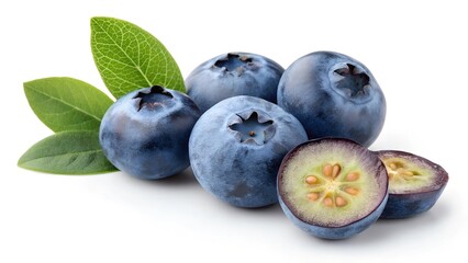 Juicy Blueberries: Freshly picked blueberries and leaves display their vibrant colors and textures, creating a simple yet alluring display of nature's goodness.