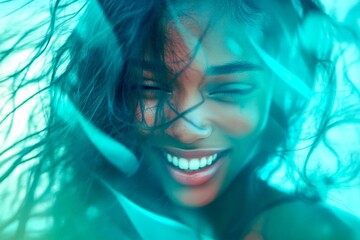 Commercial ad visual idea. Long trim - beach waves hair. Lovely smiling black girl - for ads, billboard ad and social platforms use. African portrait advertising concepts. Woman advertising.