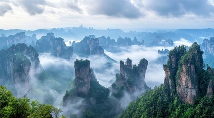 Exploring majestic mountain peaks zhangjiajie nature photography misty environment aerial view scenic beauty