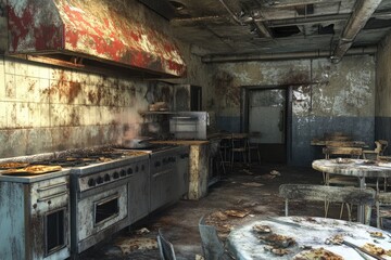 Abandoned, derelict kitchen-diner,  crumbling interior,  scattered debris