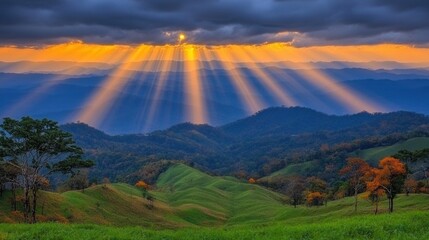 Majestic Mountain Landscape at Sunset Golden Rays Illuminating Rolling Hills