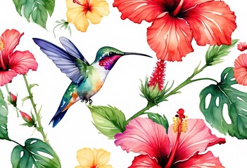 A colorful hummingbird drinking from a hibiscus flower, watercolor style, minimalist style