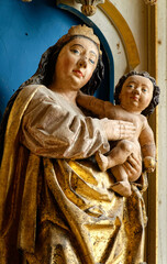 FRANCE, 2025-02-14. Statue (19th century) of Blessed Virgin Mary holding baby Jesus Christ in her arms. .