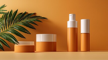 Orange skincare set, palm leaf, studio