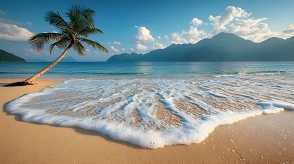 Solitary coconut palm tree standing tall on a deserted pristine beach in the Andaman Islands surrounded by turquoise ocean waves gently lapping the golden sand shoreline  A tranquil