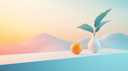 Fototapeta premium Pastel Minimalist Still Life with Orange and Plant