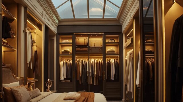 Opulent walk-in closet illuminated by natural light streaming through skylight - Powered by Adobe