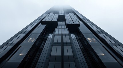 Majestic Skyscraper Towering into Gray Misty Sky Capturing Urban Architecture and Modern Design Aesthetic in a Contemporary Cityscape